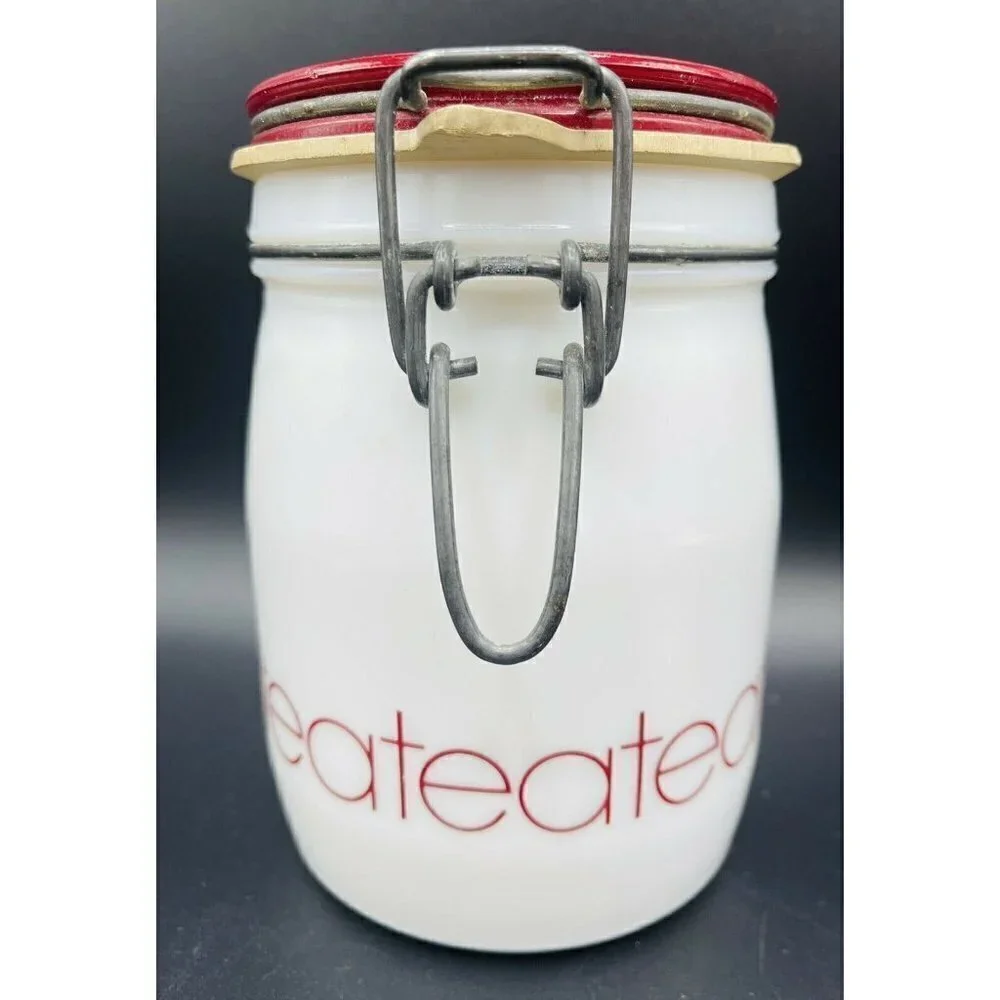 Vintage Wheaton Milk Glass Tea Canister Kitchen Storage White Red Bail Lid 5.75”